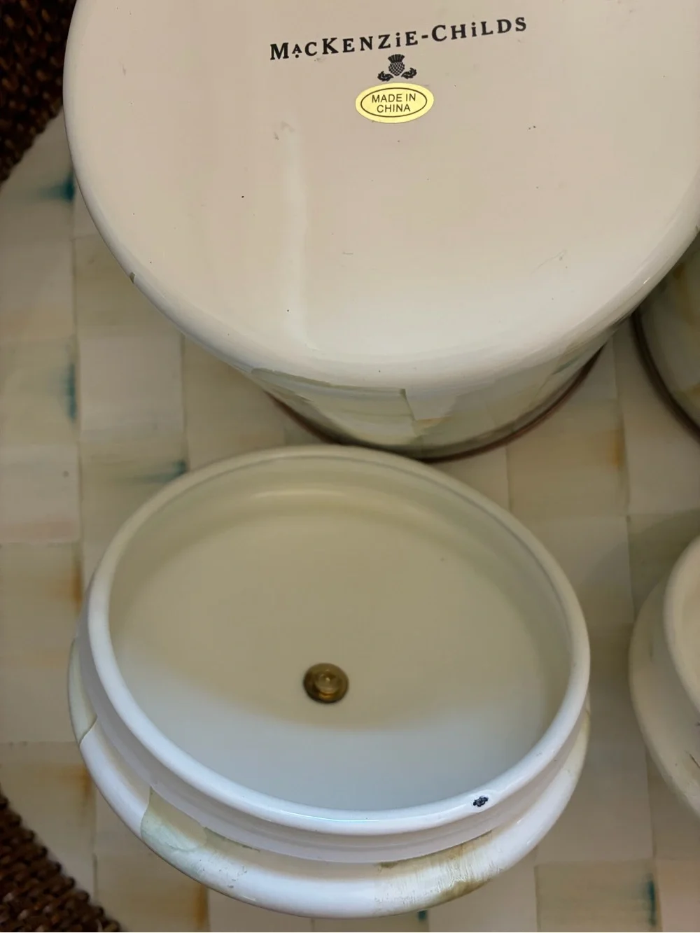 Original Mackenzie-Childs Parchment Check Canister Set with Amber Knobs 3 Piece